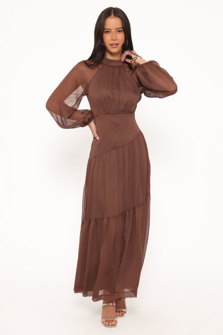 Julip Sheer Long Sleeve Maxi Dress - Brown