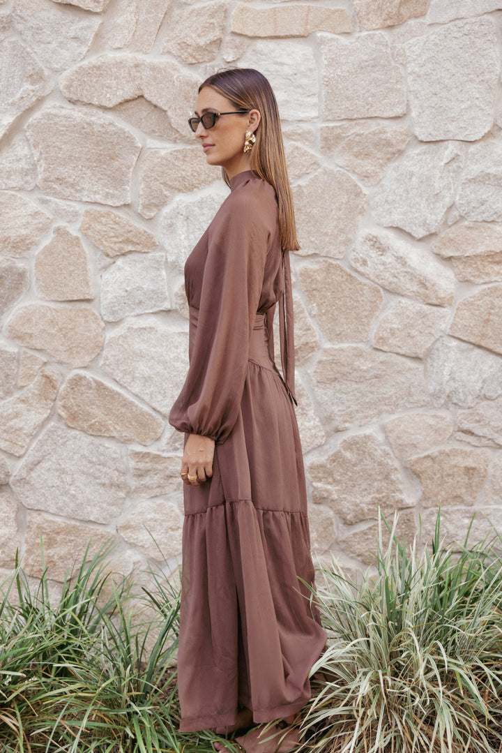 Julip Sheer Long Sleeve Maxi Dress - Brown