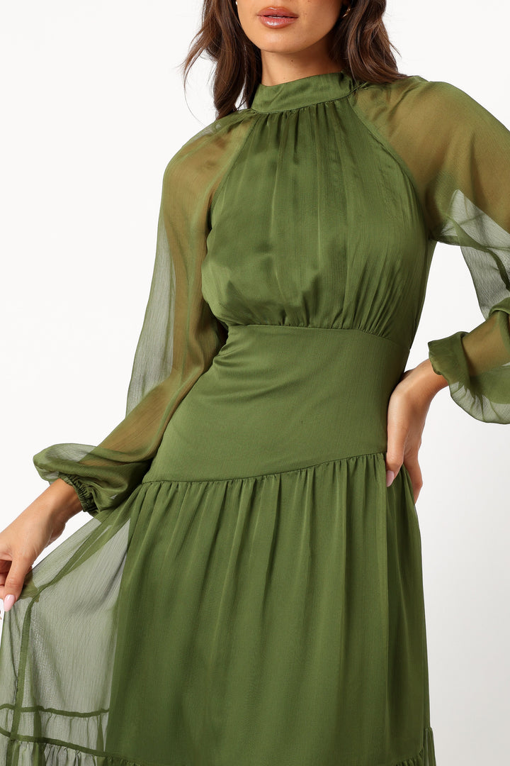 Julip Sheer Long Sleeve Maxi Dress - Olive