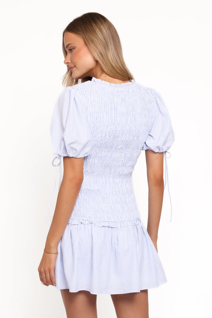 Kaelyn Gather Mini Dress - Blue Gingham