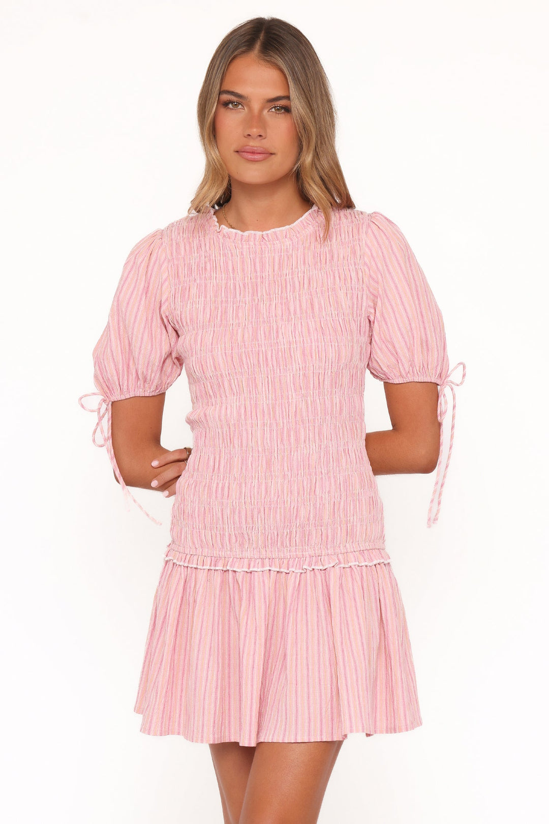 Kaelyn Gather Mini Dress - Pink Stripe