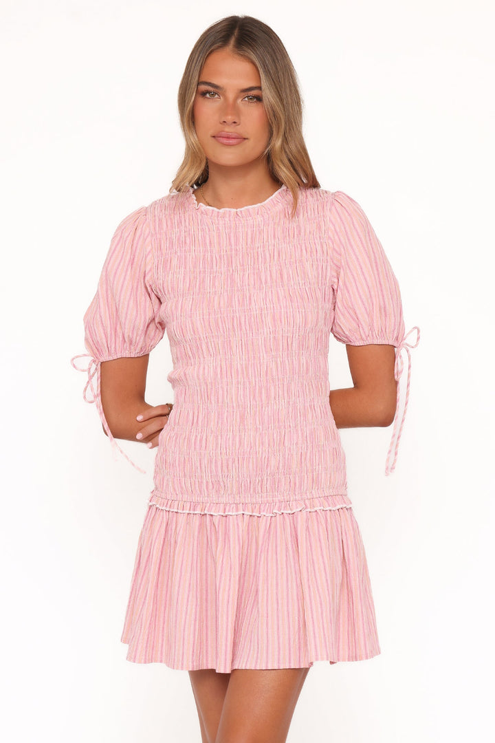 Kaelyn Gather Mini Dress - Pink Stripe