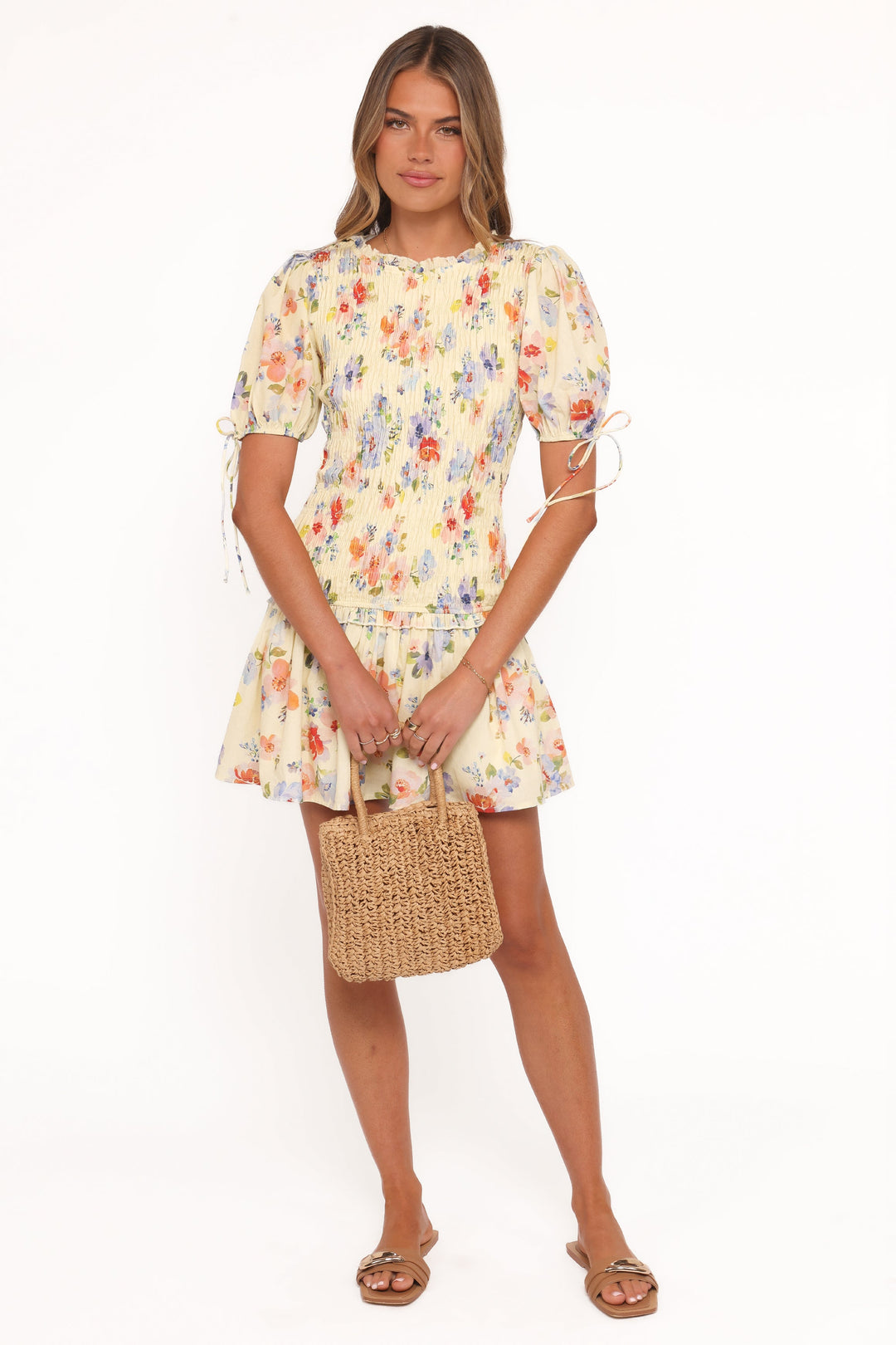 Kaelyn Gather Mini Dress - Yellow Floral