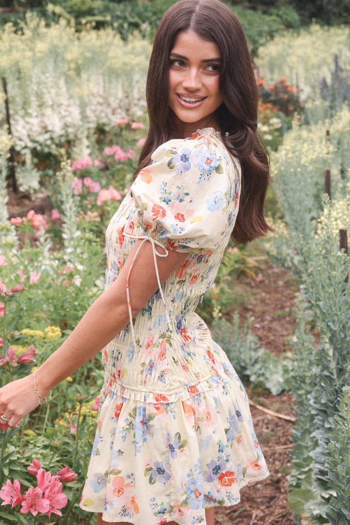 Kaelyn Gather Mini Dress - Yellow Floral