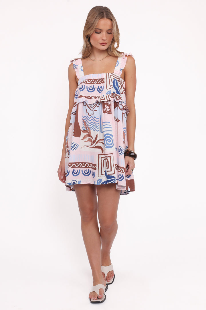 Katara Mini Dress - Blue Brown Abstract