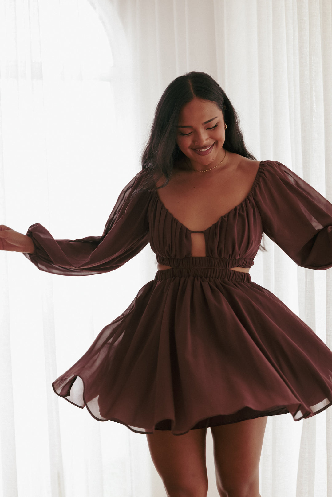 Katniss Long Sleeve Mini Dress - Chocolate