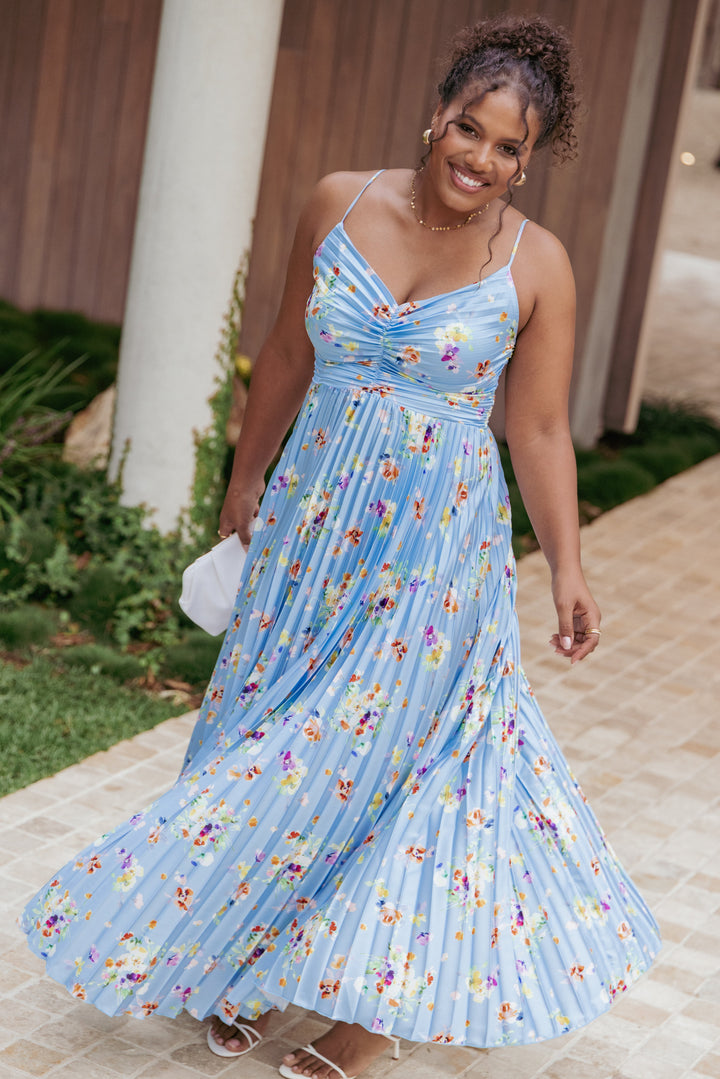 Naira Pleated Maxi Dress - Cornflower Blue Floral