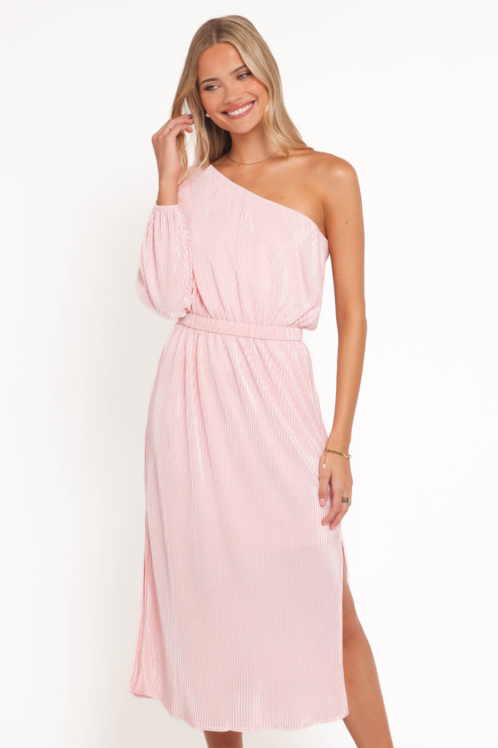 Pontee One Shoulder Pleated Midi Dress - Pink