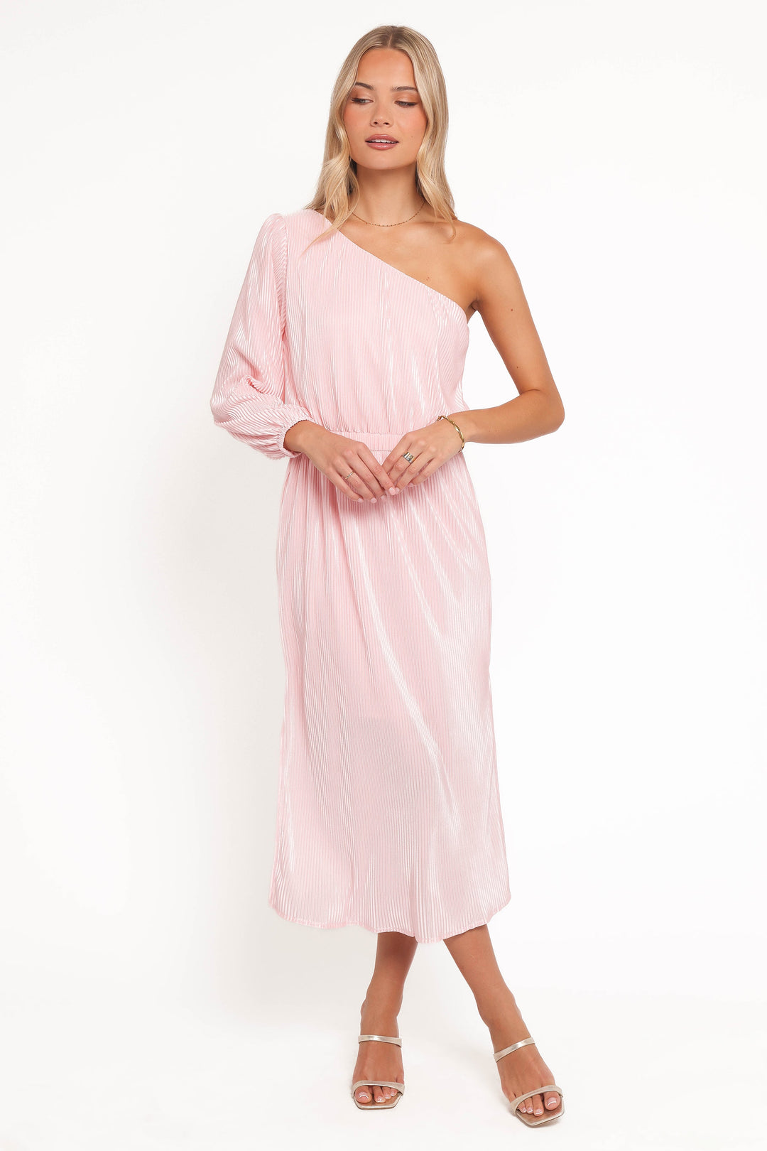Pontee One Shoulder Pleated Midi Dress - Pink