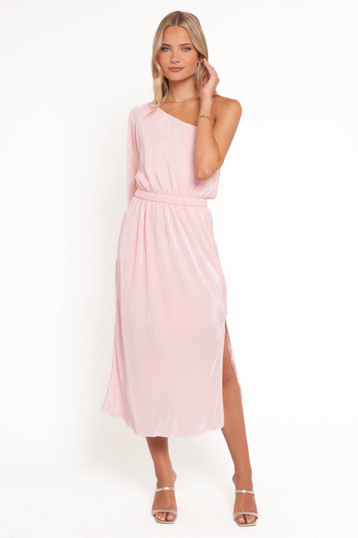 Pontee One Shoulder Pleated Midi Dress - Pink