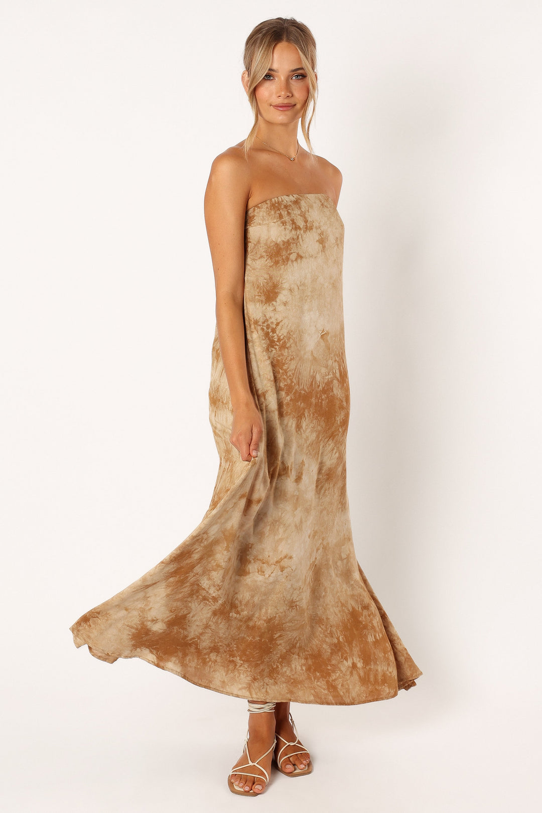 Soph Strapless Linen Maxi Dress - Tan Tie Dye