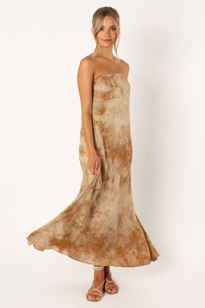 Soph Strapless Linen Maxi Dress - Tan Tie Dye