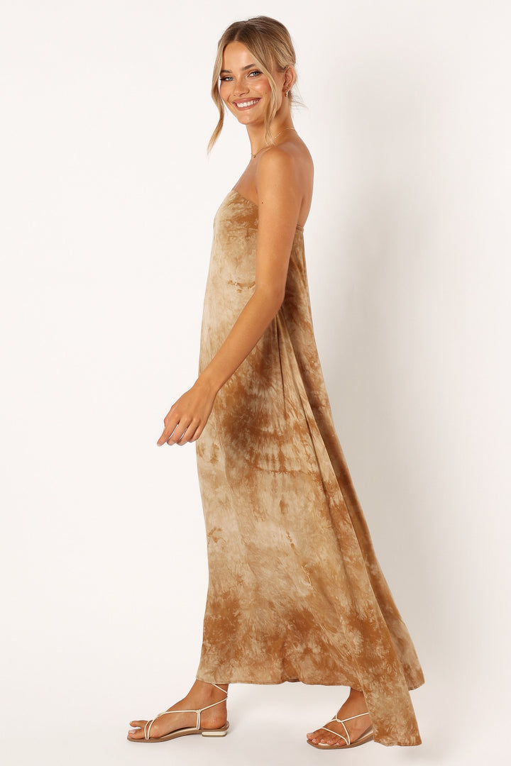 Soph Strapless Linen Maxi Dress - Tan Tie Dye