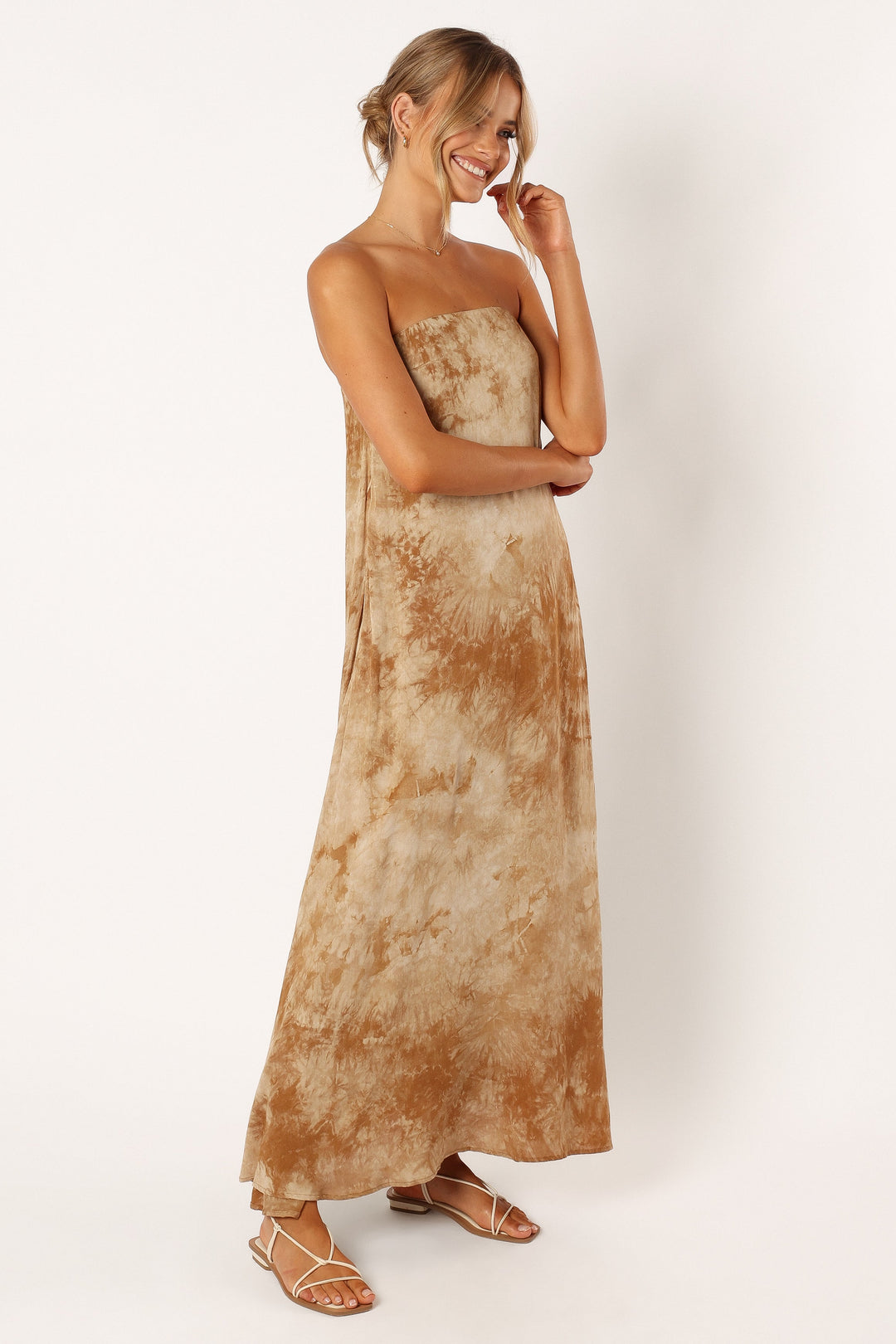 Soph Strapless Linen Maxi Dress - Tan Tie Dye