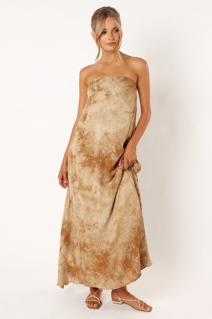 Soph Strapless Linen Maxi Dress - Tan Tie Dye