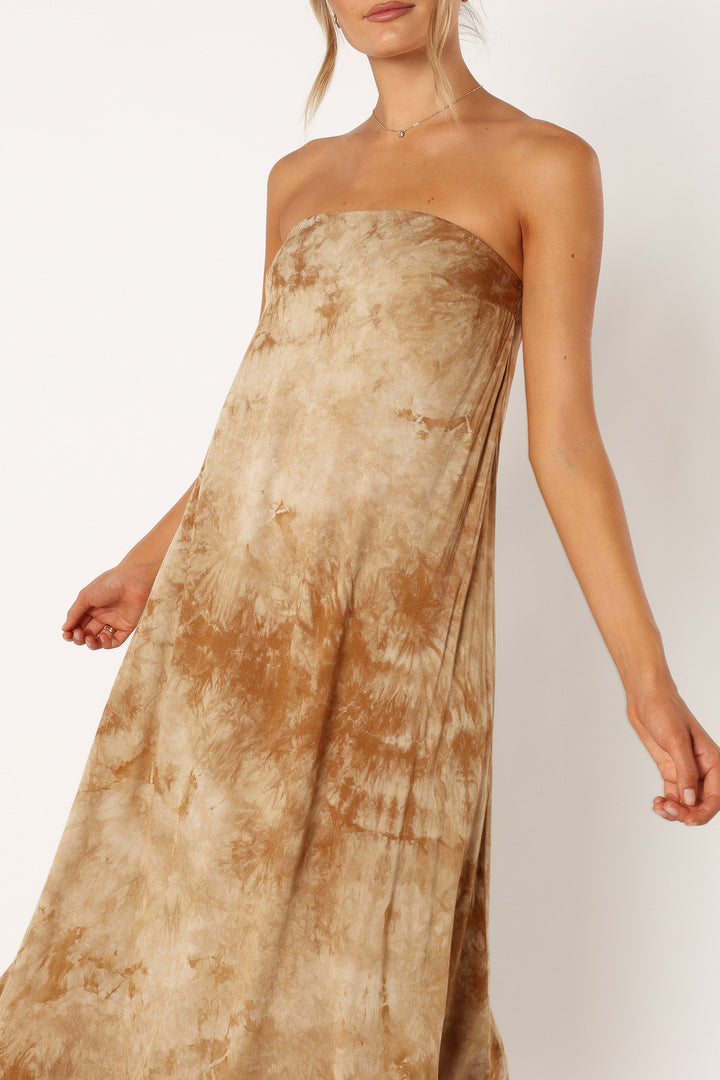 Soph Strapless Linen Maxi Dress - Tan Tie Dye