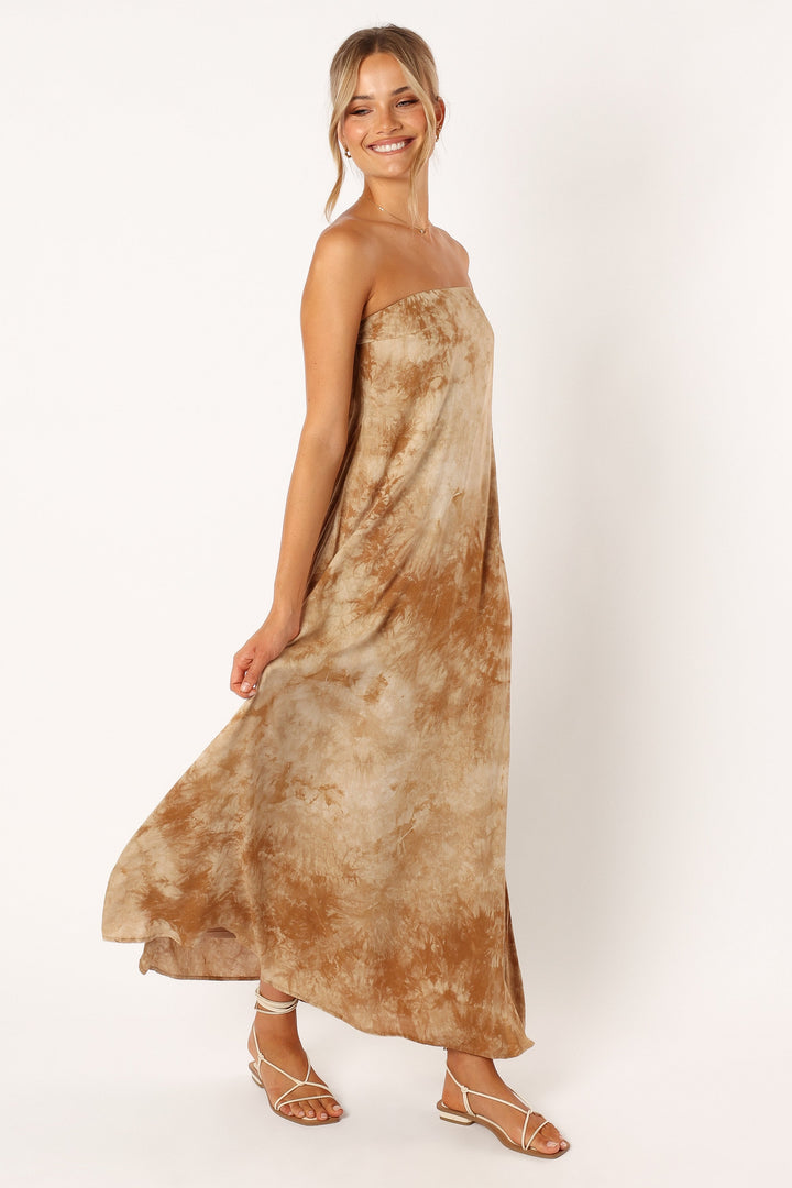 Soph Strapless Linen Maxi Dress - Tan Tie Dye