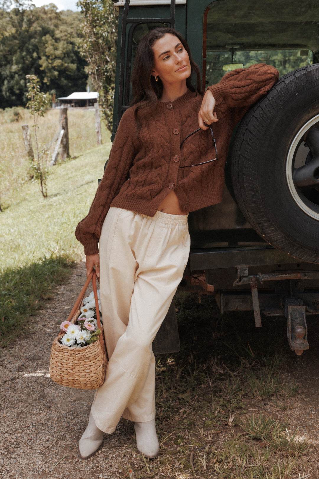 Nika Cable Knit Cardigan - Brown