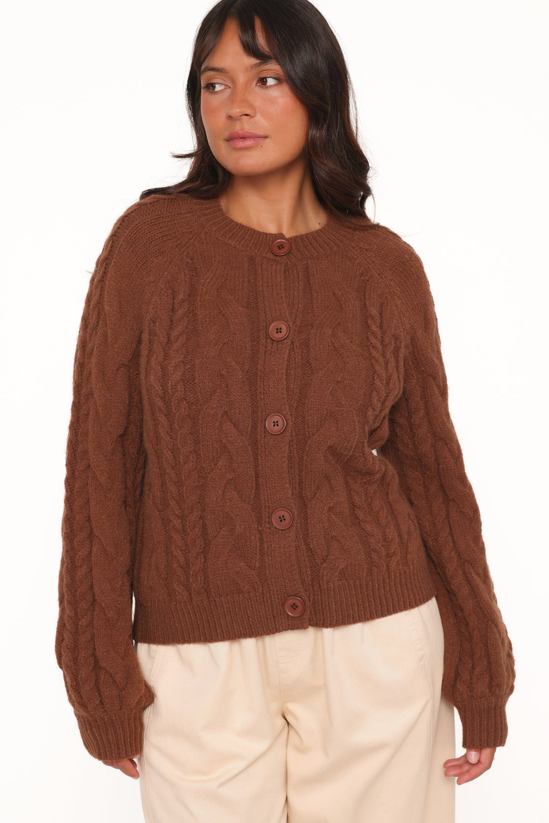 Nika Cable Knit Cardigan - Brown
