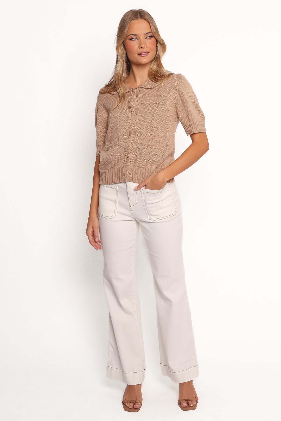 Roman Button Front Cardigan - Beige