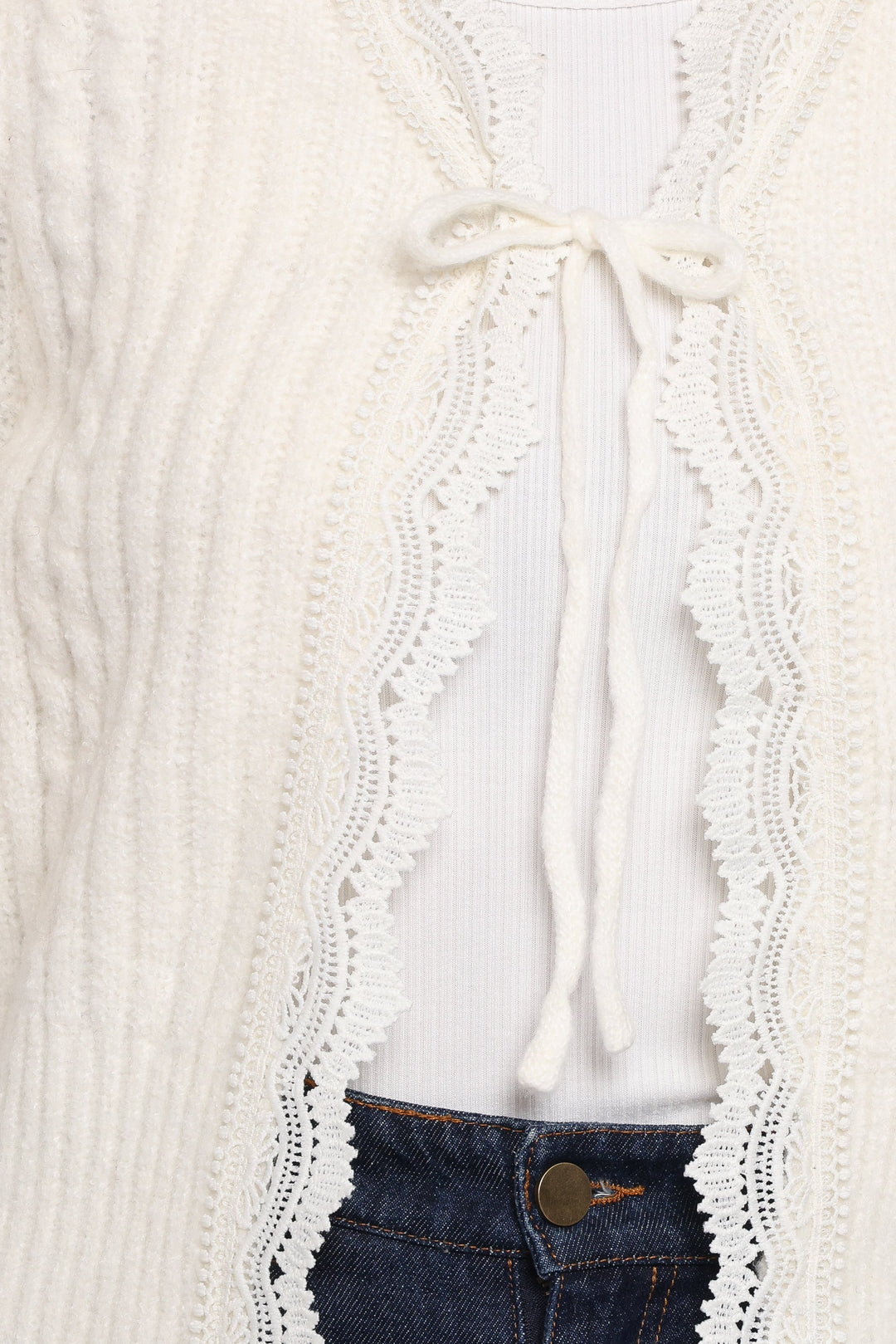 Silvie Lace Front Tie Cardigan - Cream