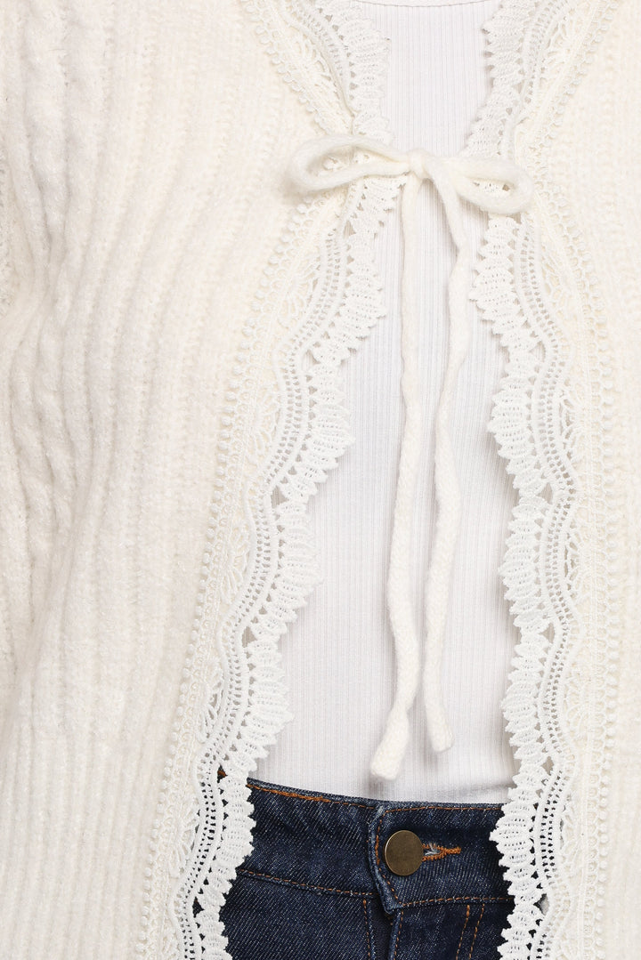 Silvie Lace Front Tie Cardigan - Cream