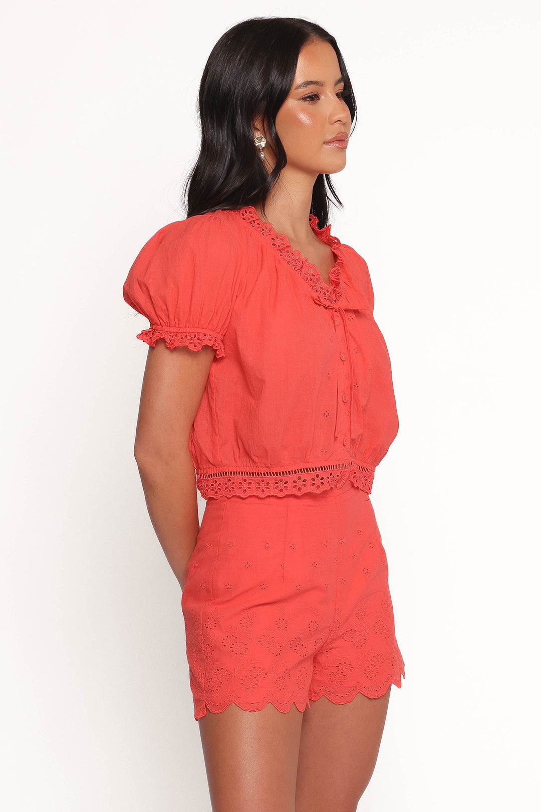 Isolde Lace Trim Top - Coral